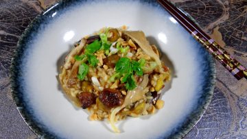 Teriyaki risotto met paddenstoelen en kastanjes
