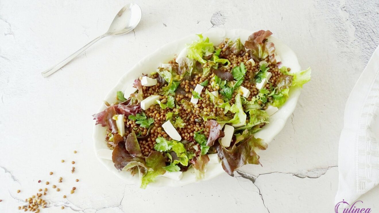Rode salade met linzen en geitencamembert