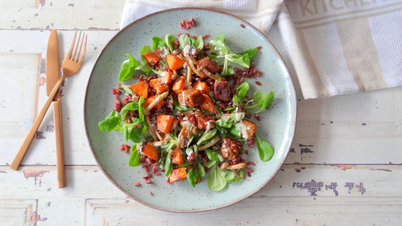 Tempeh met rode rijst, zoete aardappel en paddenstoelen