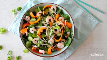 Aziatische salade met paksoi, wortel en komkommer