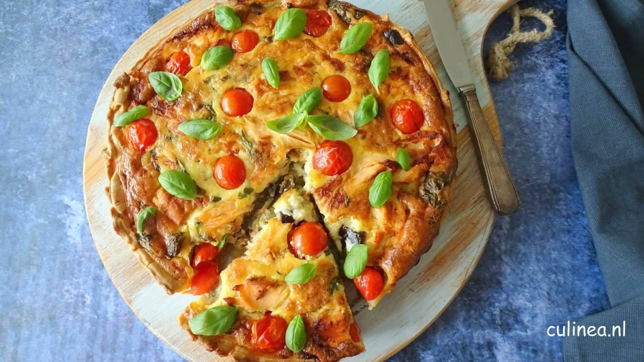 Quiche met zalm en aubergine