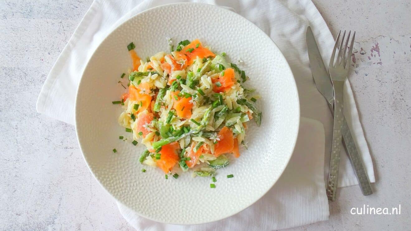 Orzo salade met gerookte zalm en aspergetips