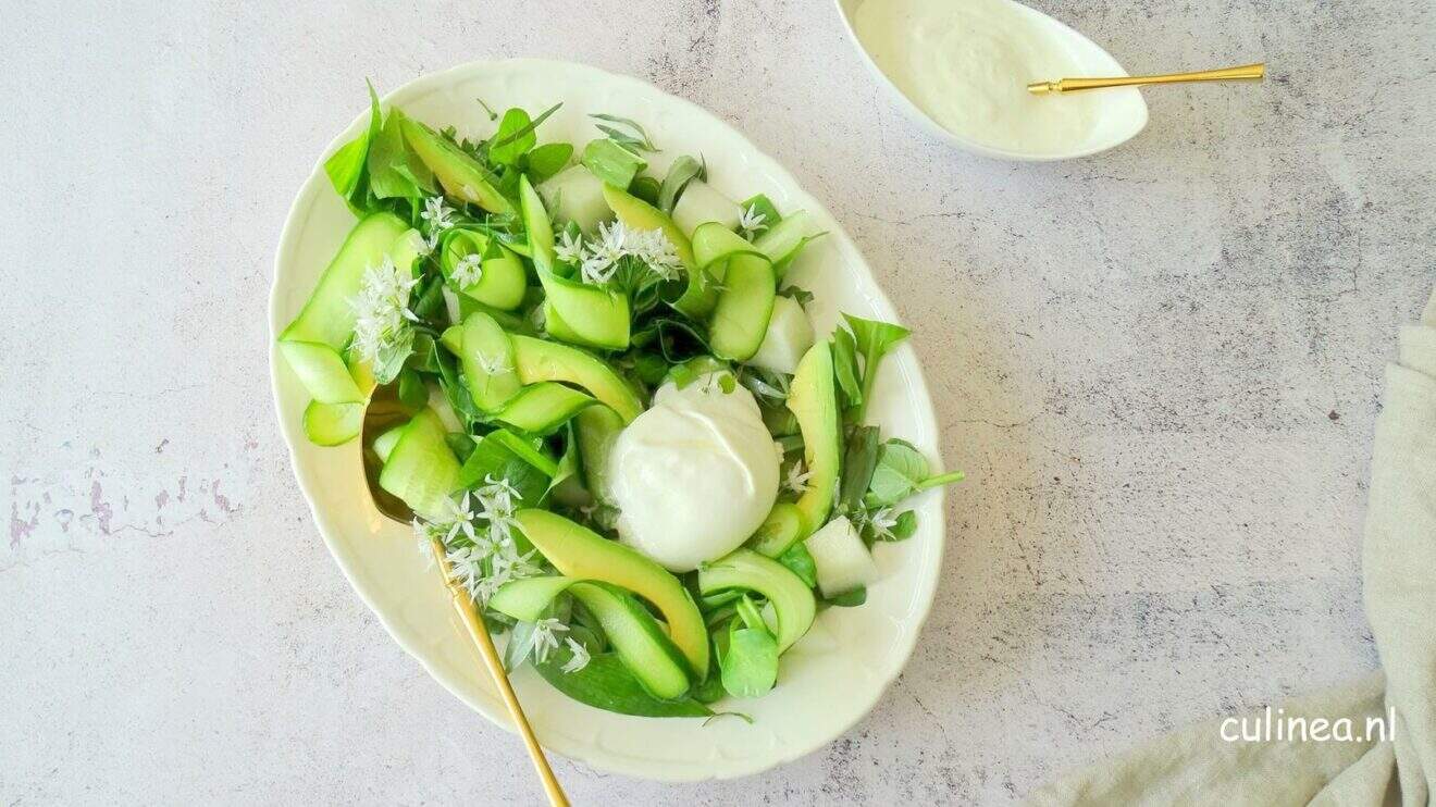 Groene kruiden salade met burrata