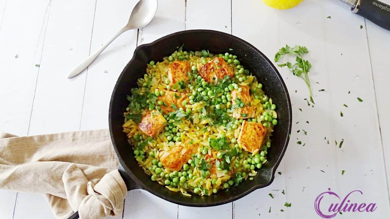 Saffraan orzo met zalm