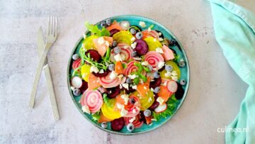 Salade met gekleurde bietjes, wortel en radijs