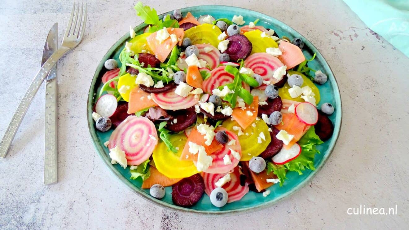 Salade met gekleurde bietjes, wortel en radijs